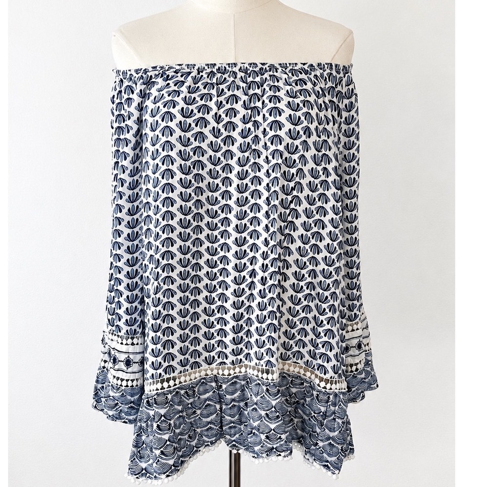 Fever Off The Shoulder Blouse Boho Coastal 2X Blue White Beach Crochet Trim